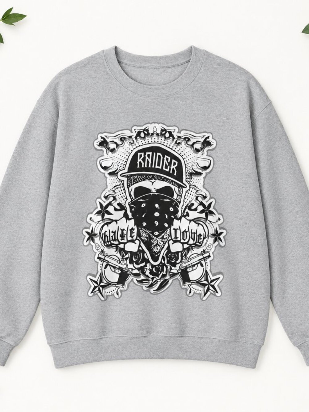 Skull Bandana Tattoo Style Graphic Sweatshirt Gray Roses Stars Streetwear Crewne